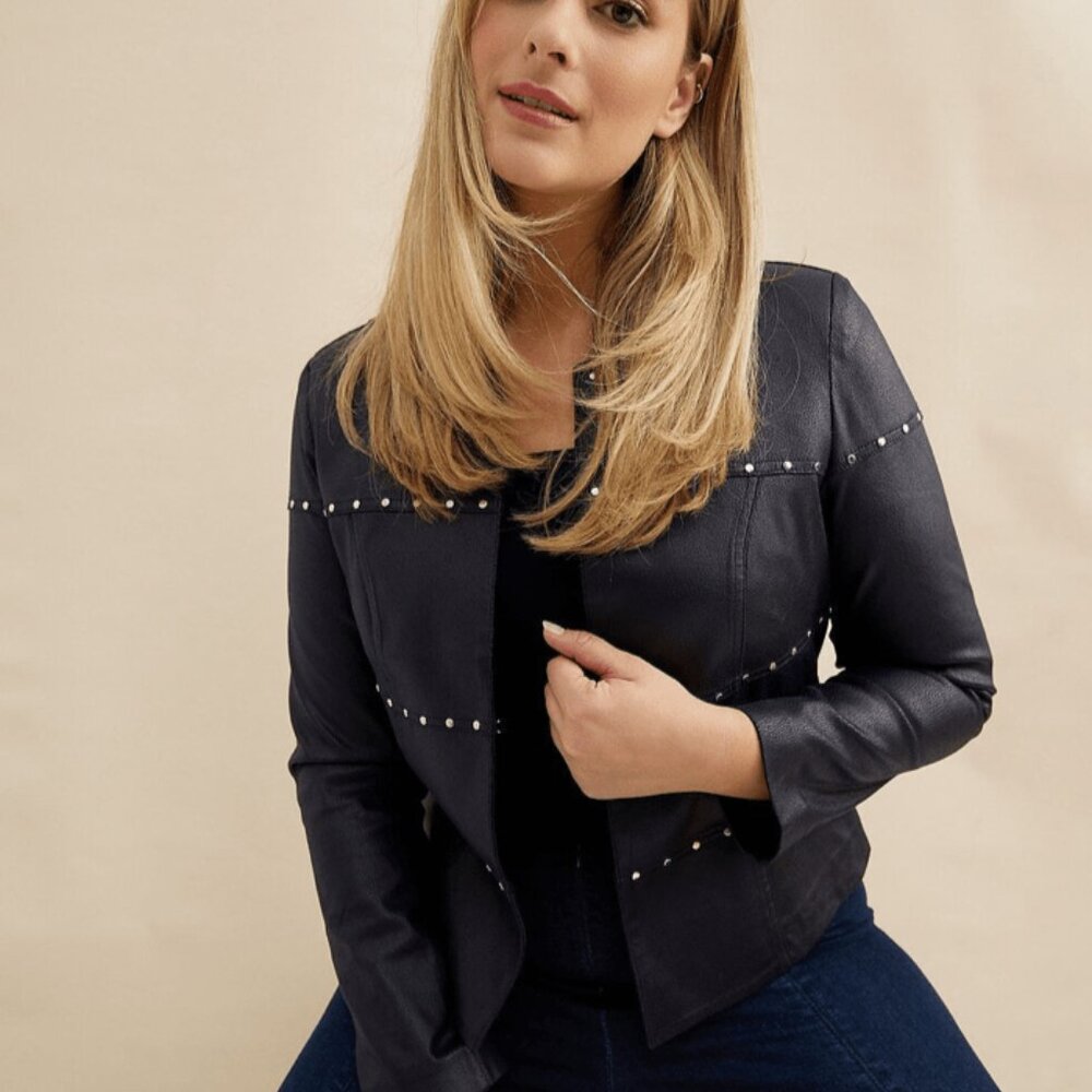 Joseph Ribkoff Vegan Suede Cropped Studded Jacket Size M 232904 Navy Blue - Picture 12 of 12